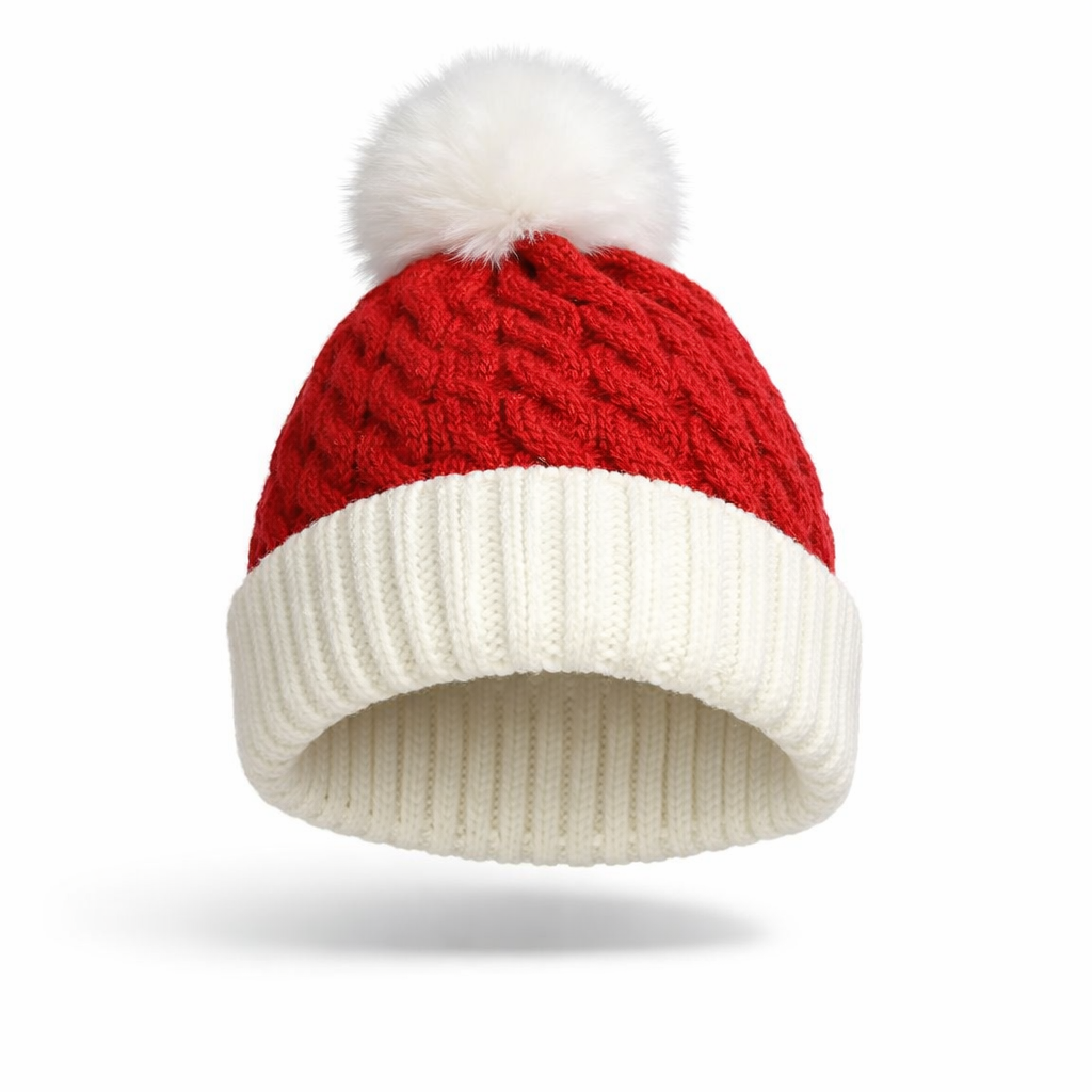 Weihnachtsmütze für Erwachsene – Dick gestrickt, hochwertig verarbeitet, mit flauschigem weißem Pompon, warm & bequem. Wintermütze Nikolausmütze