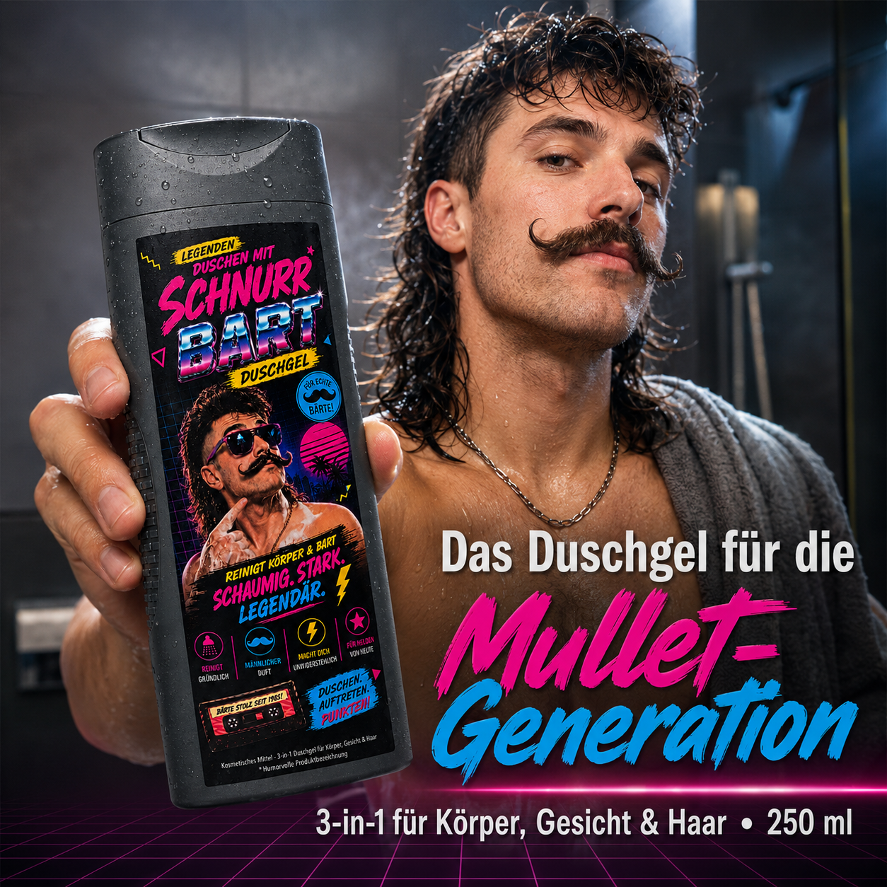 Schnurr Bart Duschgel - Männer Duschgel im Mullet & Schnurrbart Style - 80's