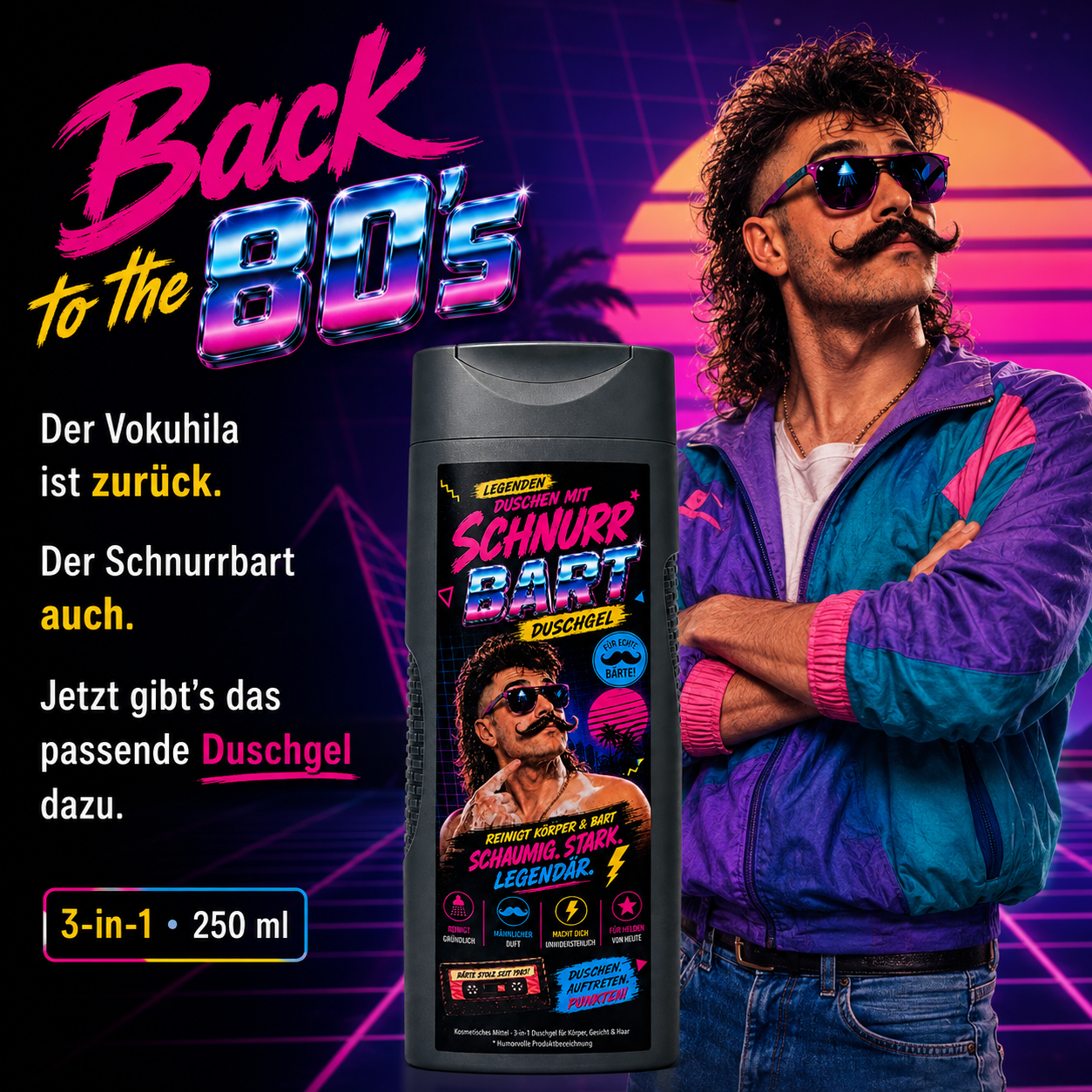 Schnurr Bart Duschgel - Männer Duschgel im Mullet & Schnurrbart Style - 80's