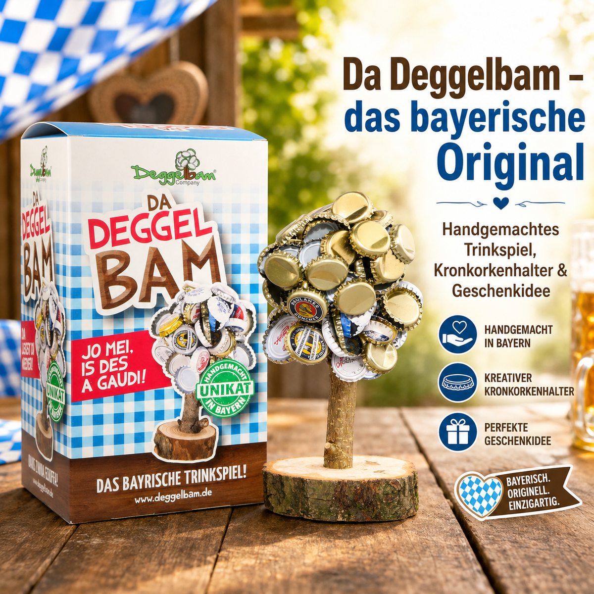 Deggelbam mit bayerischer Verpackung und Hinweisen zu Handarbeit, Kronkorkenhalter und Geschenkidee.