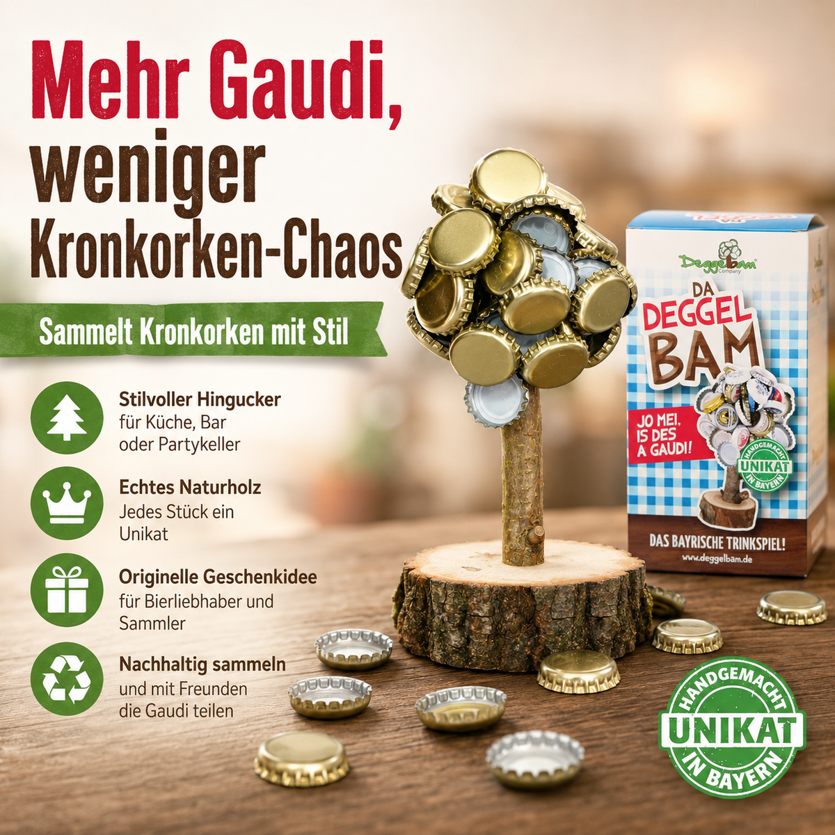 Deggelbam mit Kronkorken und Verpackung; Infografik zum Sammeln von Flaschenverschlüssen.