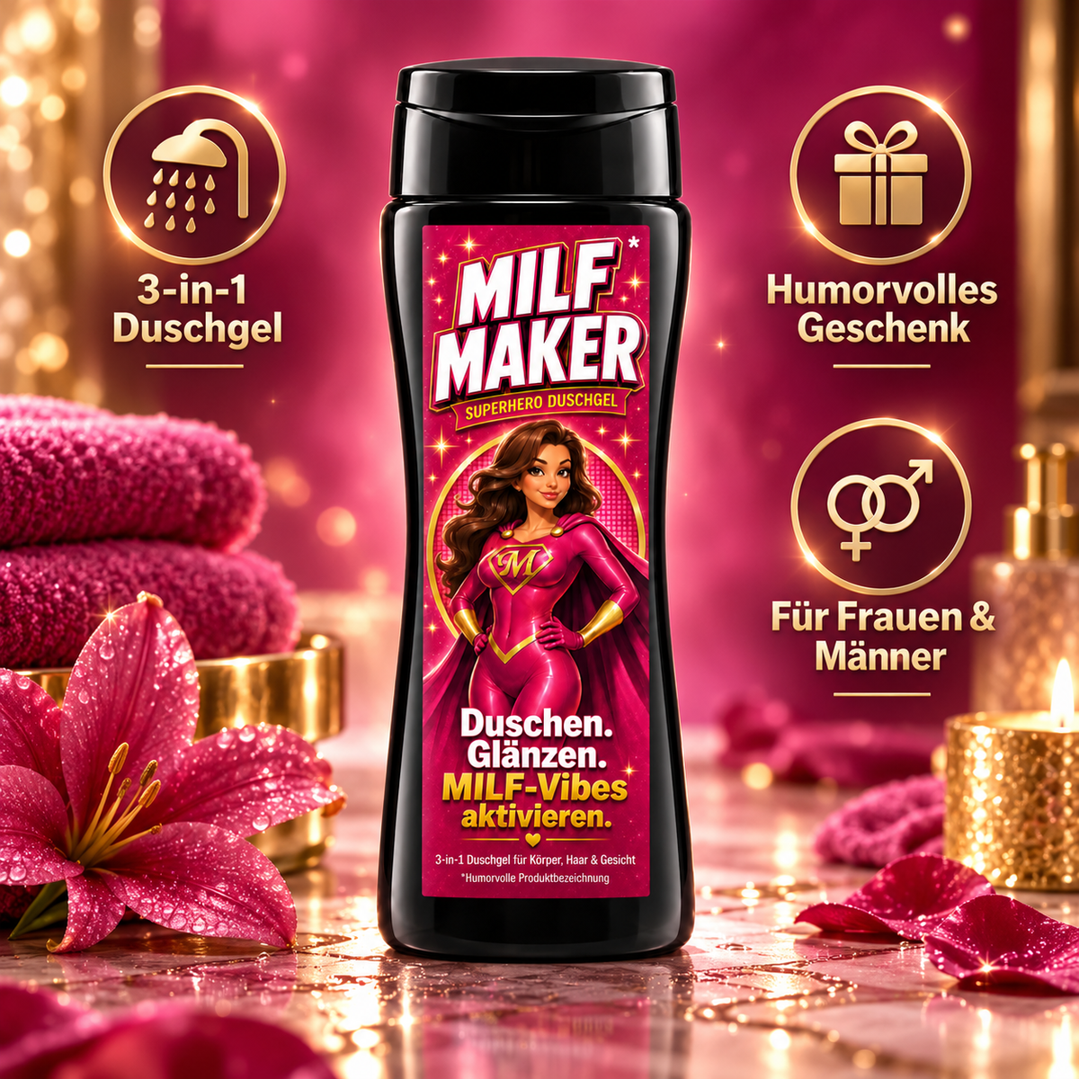 MILF Maker - Duschgel 300 ml – Lustiges Geschenk für Mamas mit Humor | Scherzartikel für hübsche Mütter | Originelles Geschenk für Mütter, die immer noch umwerfend sind | Witziges Geschenk für Mütter nach der Geburt