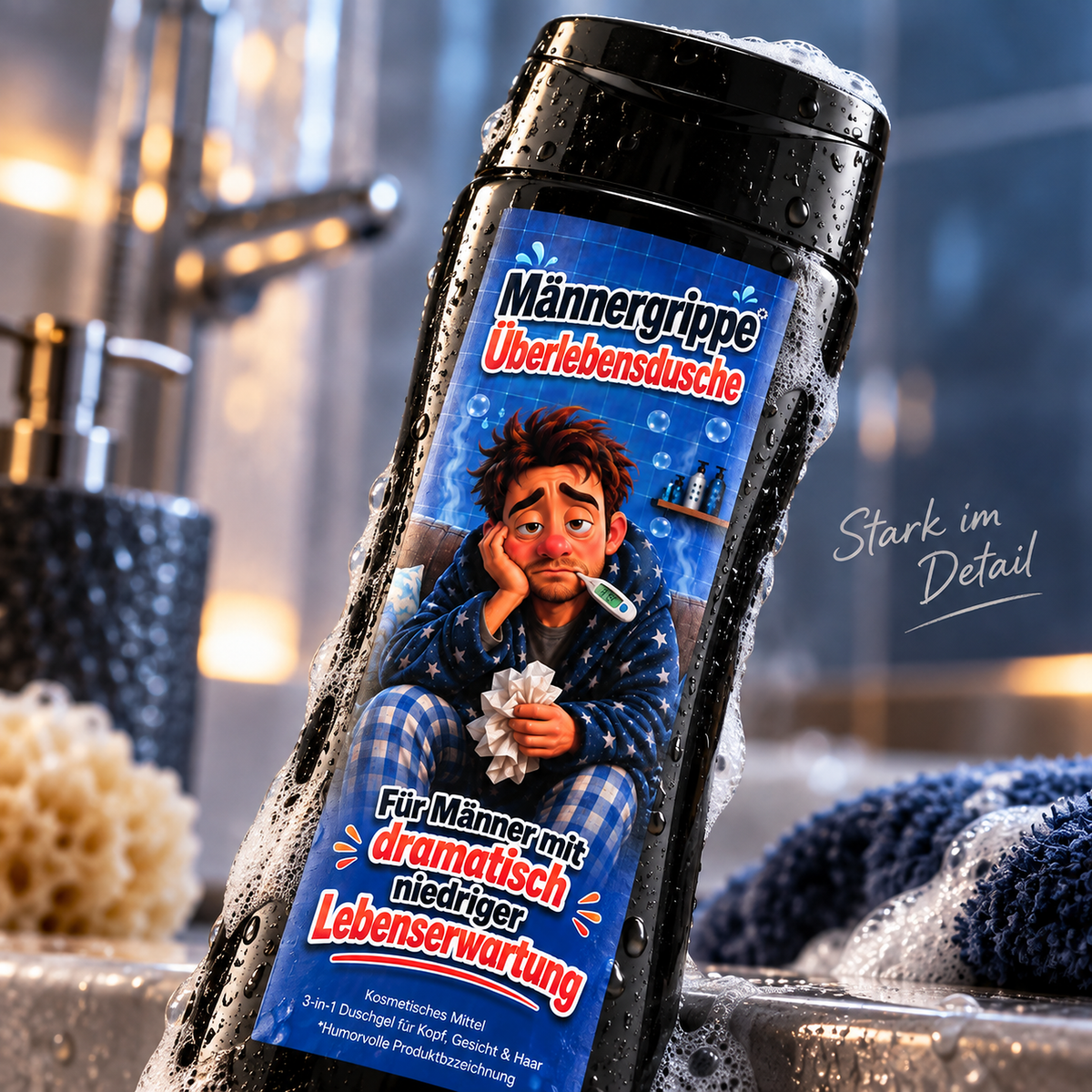 Nahaufnahme der nassen Männergrippe-Duschgelflasche vor blau beleuchtetem Badezimmer.