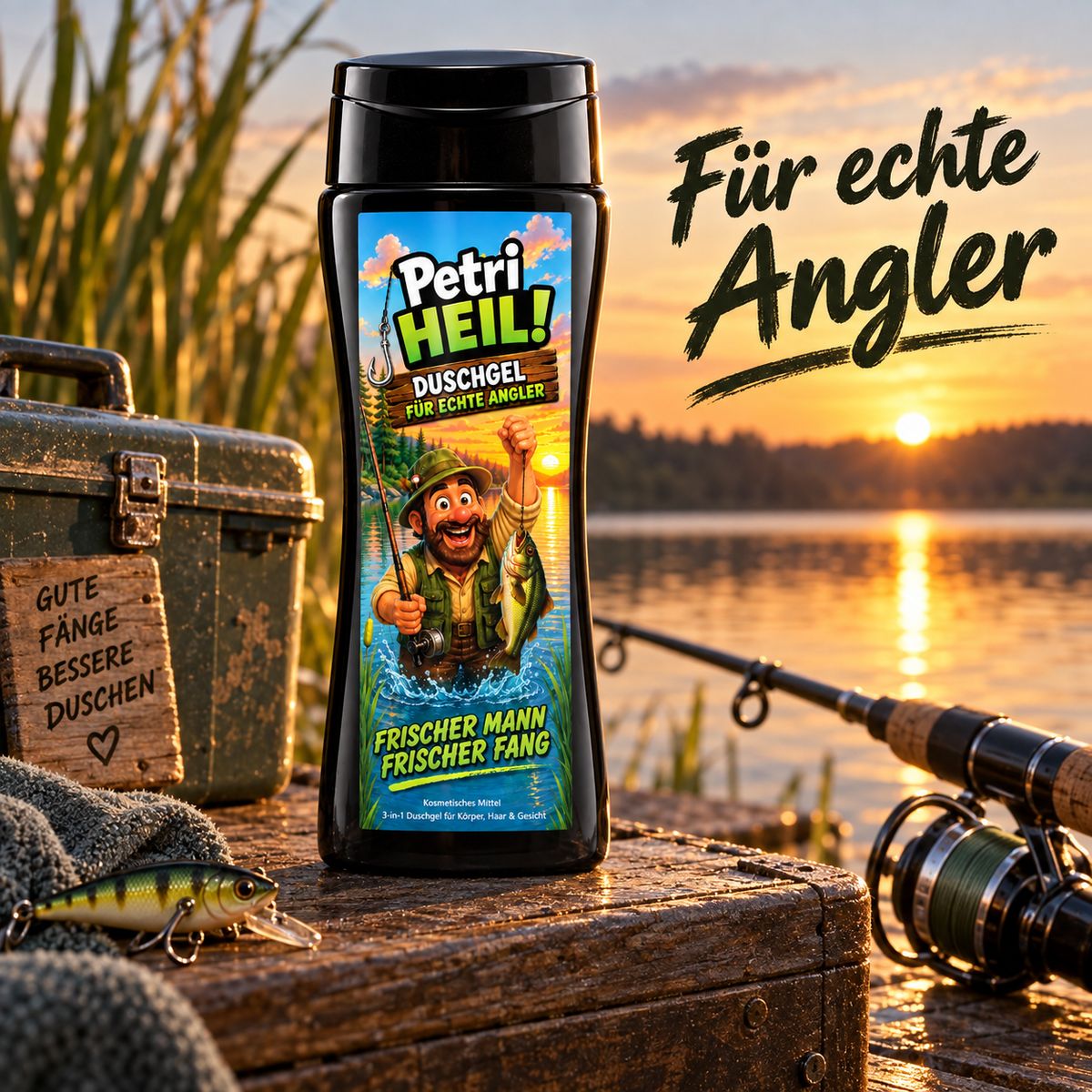 Petri-Heil-Duschgel neben Angel und Köderbox am See bei Sonnenuntergang.