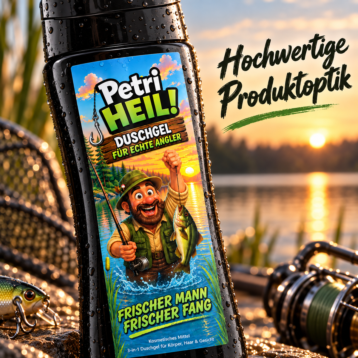 Nahaufnahme der nassen Petri-Heil-Duschgelflasche neben Angelrolle und Kescher am See.
