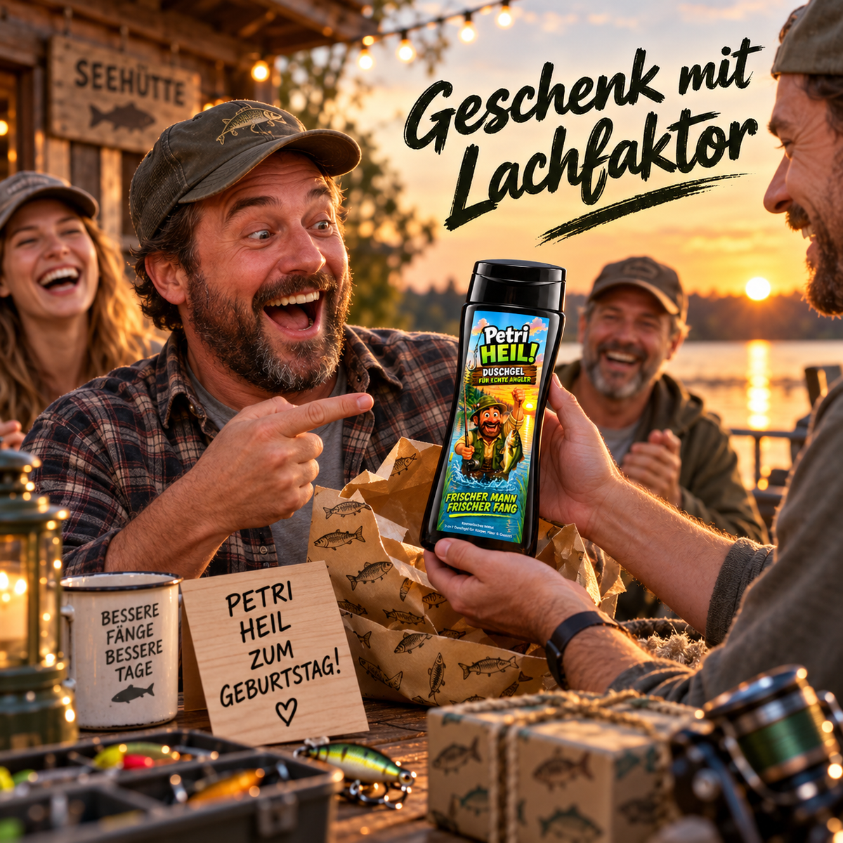 Ein lachender Angler erhält Petri-Heil-Duschgel in einer Geschenkbox von Freunden.