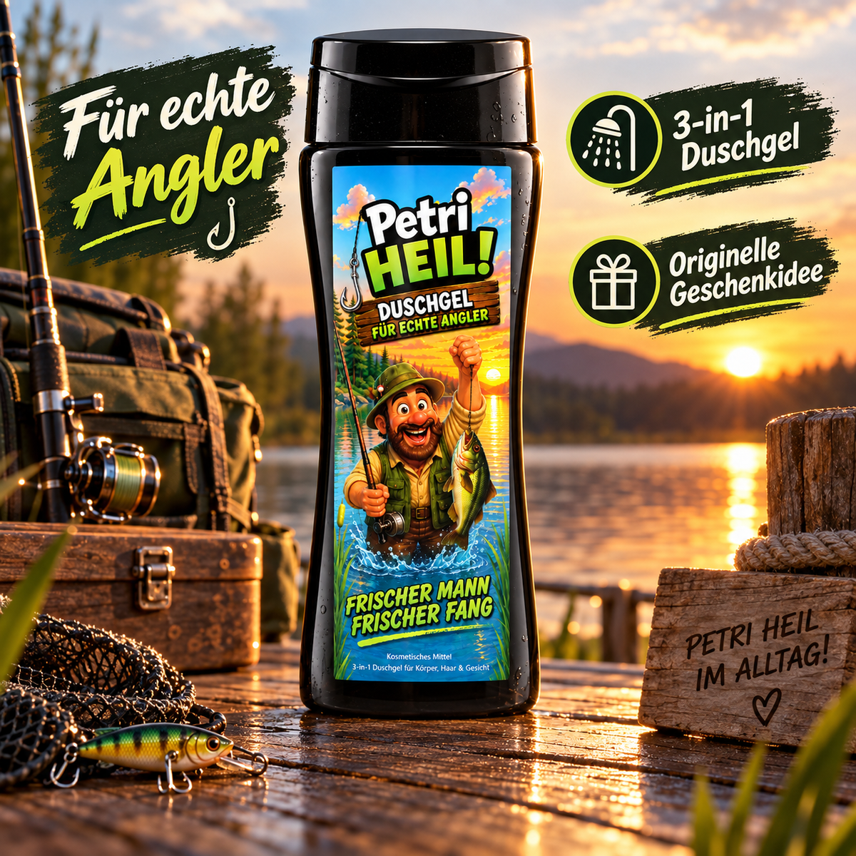 Petri-Heil-Duschgel am See mit Angelzubehör und Symbolen für 3-in-1-Anwendung und Geschenkidee.