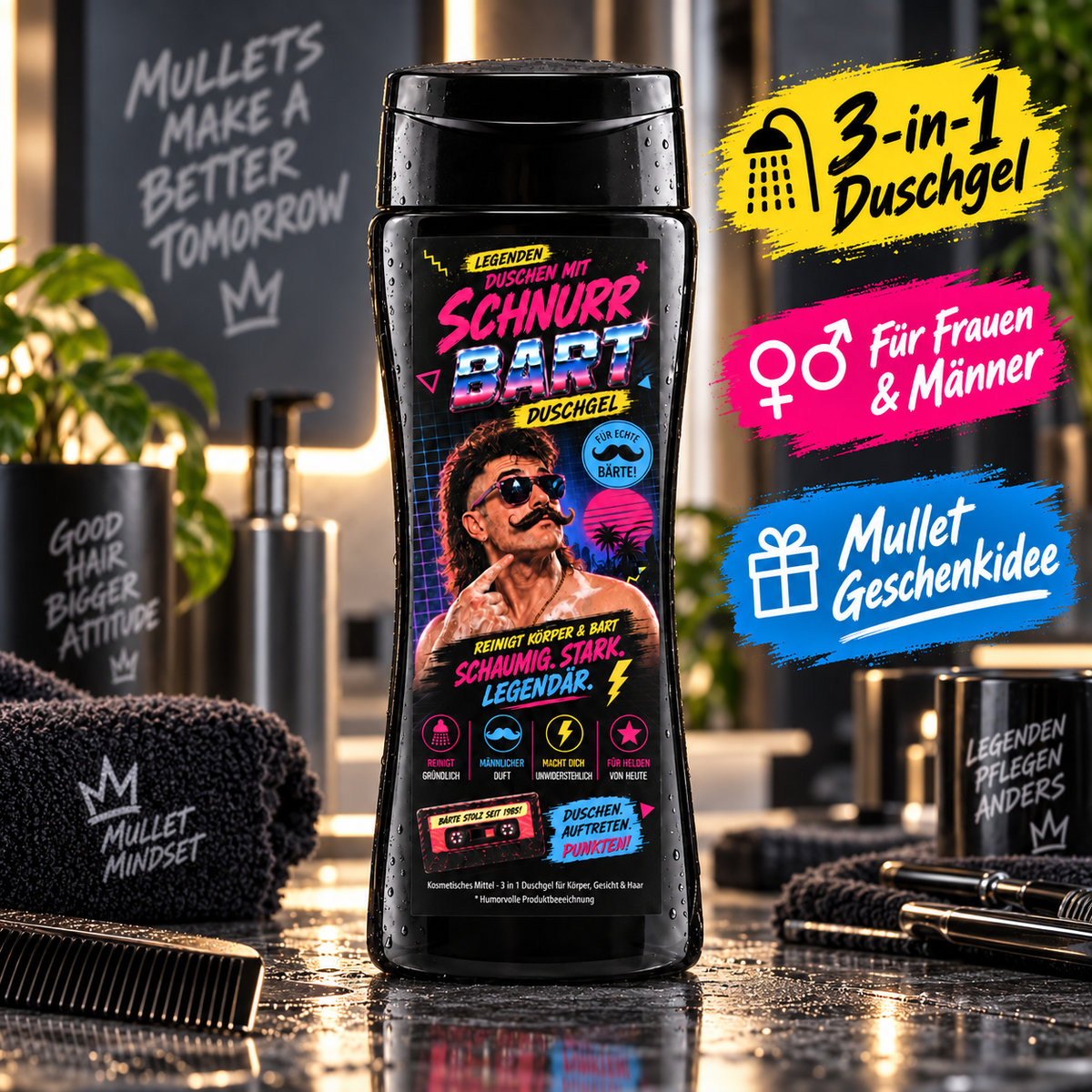 Schnurr Bart Duschgel - Männer Duschgel im Mullet & Schnurrbart Style - 80's