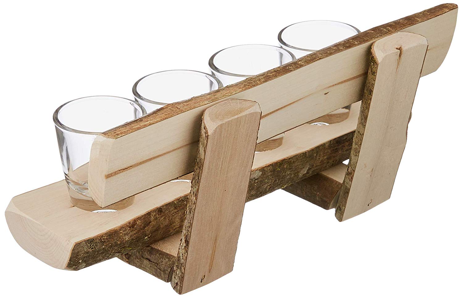 Holzbank mit 4 Schnapsgläsern