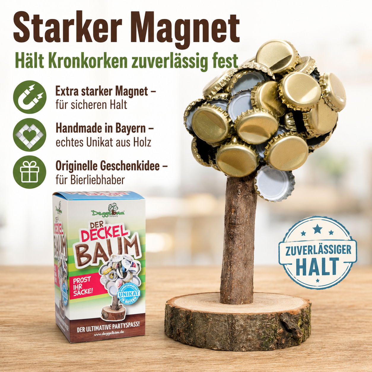 Der Deckelbaum – Kronkorkenhalter & Trinkspiel aus echtem Holz