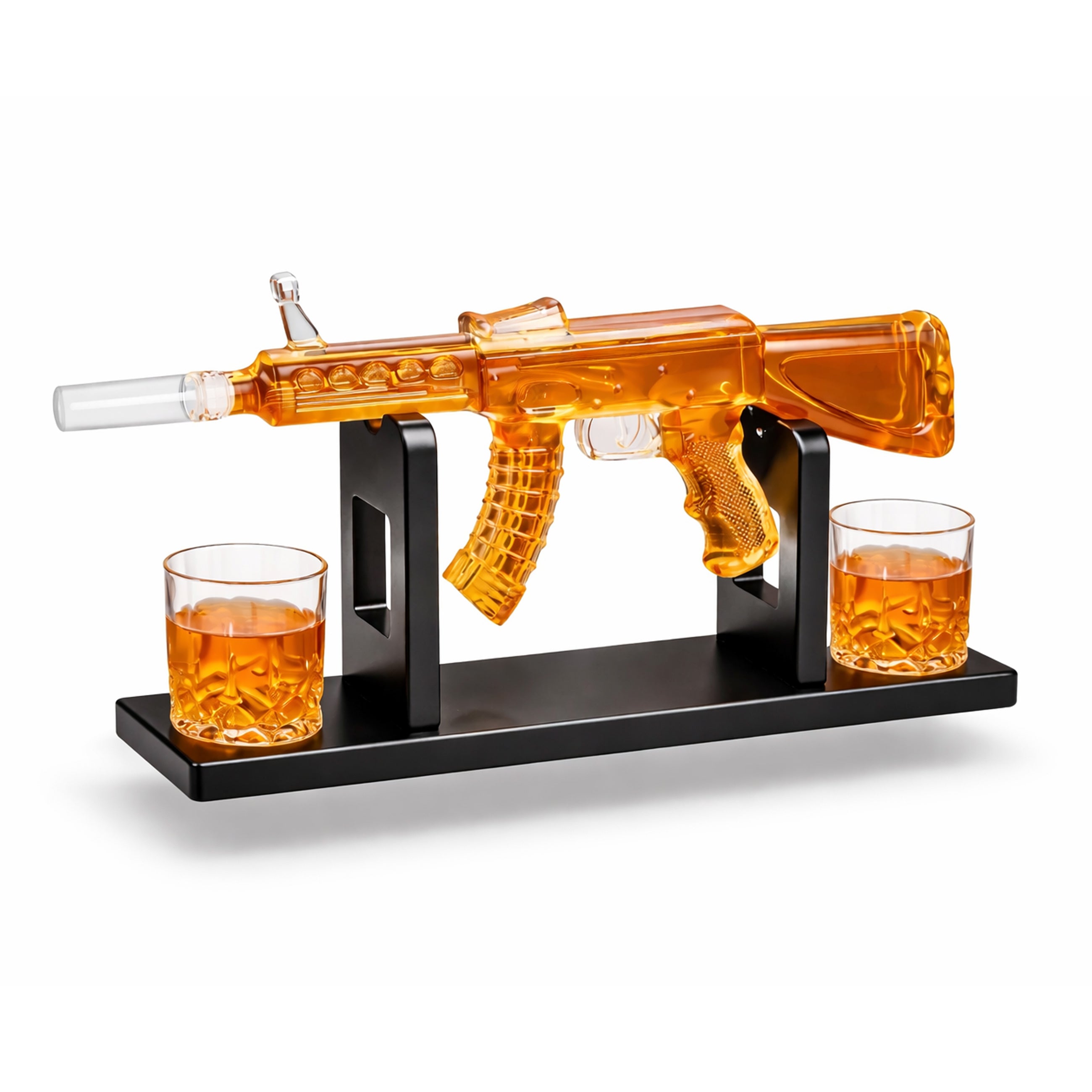 AK47 Whiskey Dekanter Karaffe in Gewehrform auf Holzständer – Luxus Geschenkset