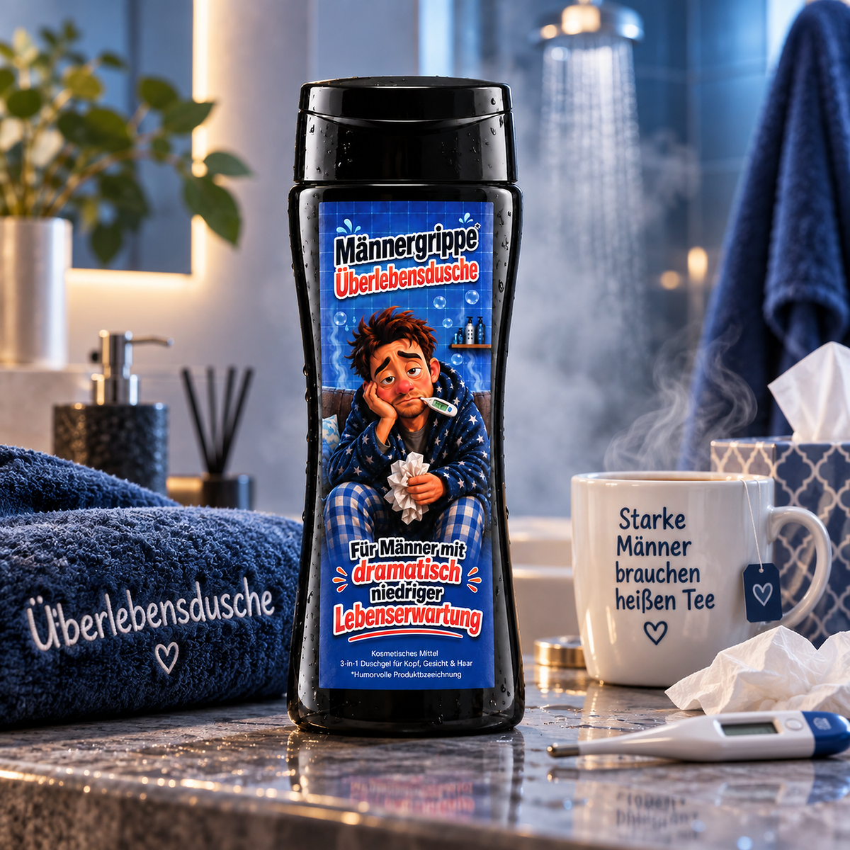 Männergrippe-Duschgel neben Taschentüchern, einer Tasse und blauem Handtuch im Badezimmer.