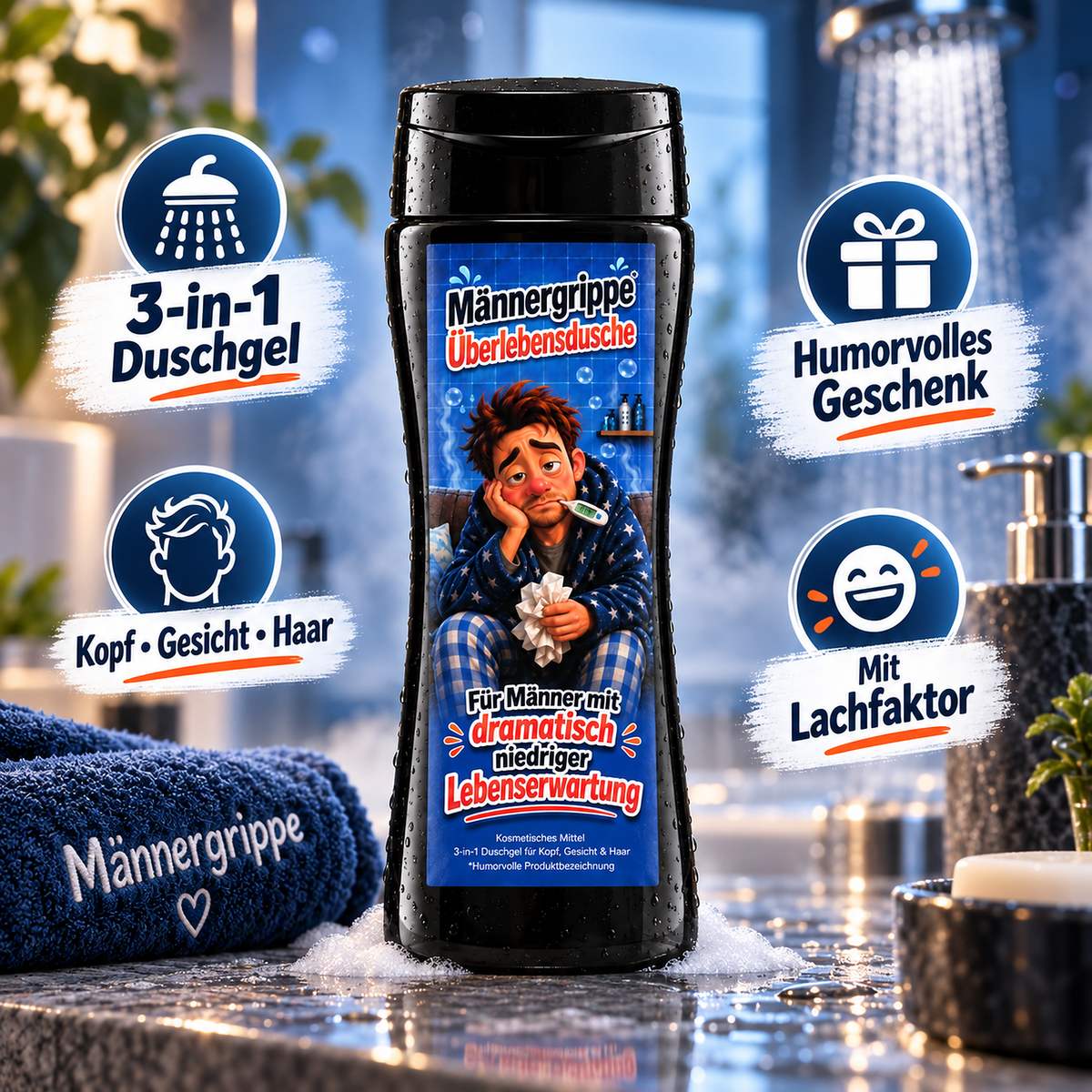 Männergrippe-Duschgel mit Infografik zur 3-in-1-Anwendung und humorvollen Geschenkidee.