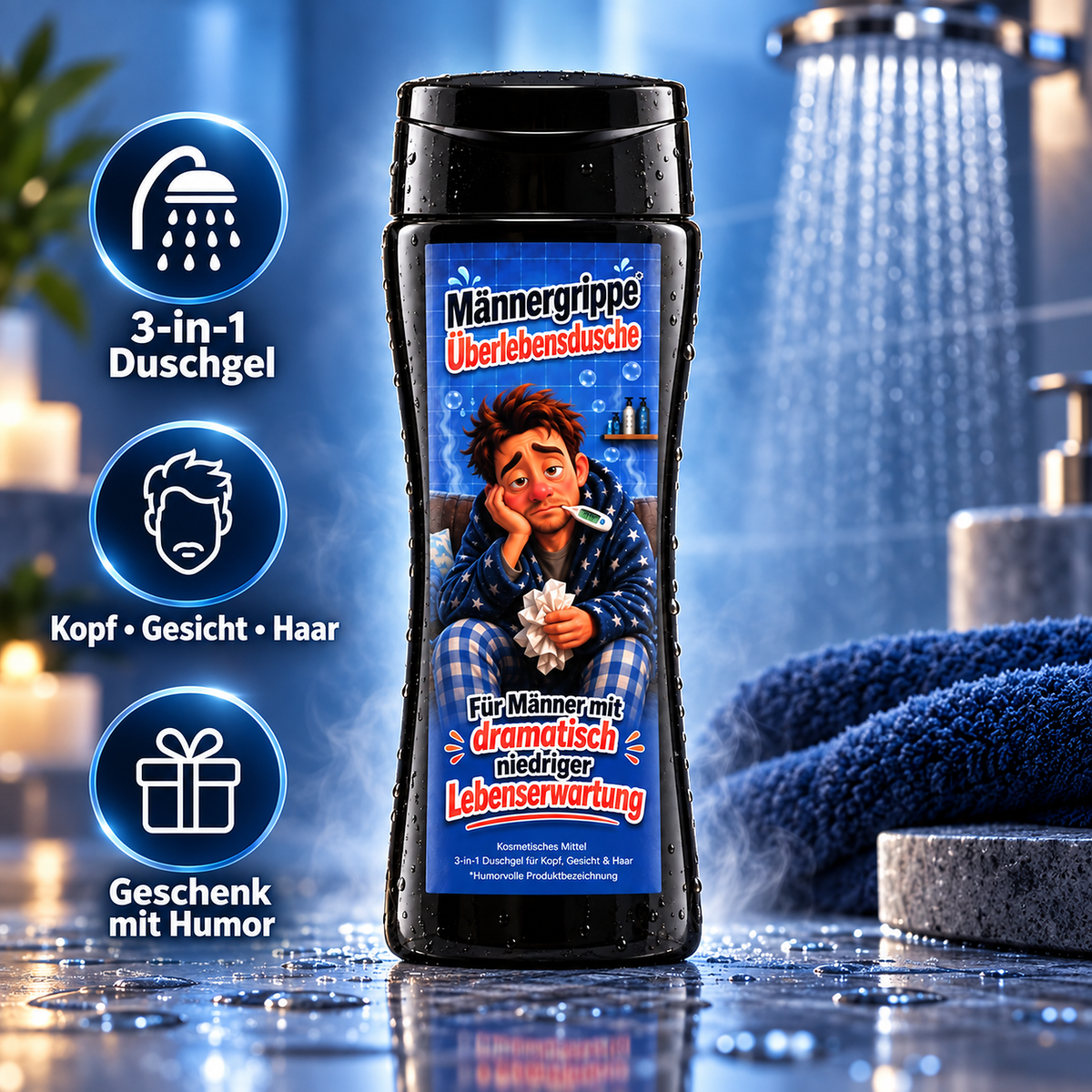 Männergrippe-Duschgel auf einer nassen Ablage mit Symbolen zur Anwendung und Geschenkidee.