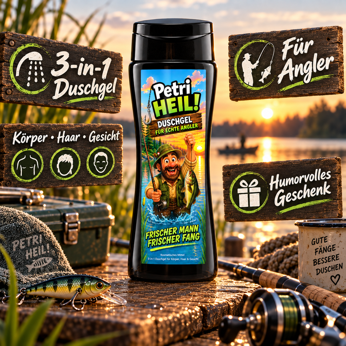 Petri-Heil-Duschgel mit Infografik zur 3-in-1-Anwendung und Geschenkidee für Angler.