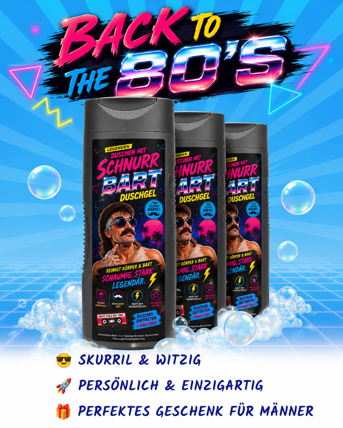 Schnurr Bart Duschgel - Männer Duschgel im Mullet & Schnurrbart Style - 80's